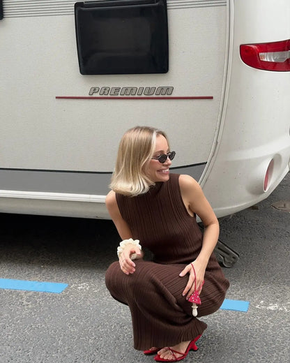 Mock Neck Sleeveless Rib Knit Bodycon Maxi Dress