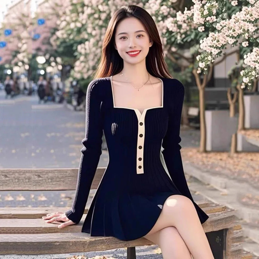 New Spring Autumn Square Neck Black Knit Dress Fashion Design Single-Breasted Long Sleeve Knitted Pleated Dresses For Women