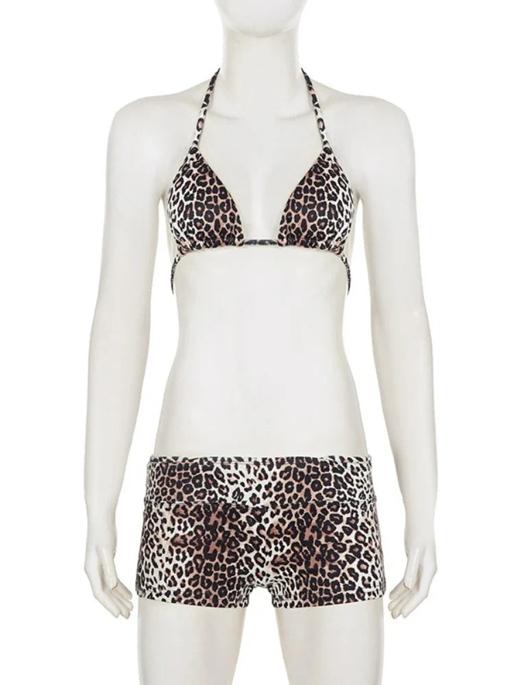 Women Leopard Print Bikini Set Sexy Wild Summer Beach Tie-up Triangle Bikini Top and Low Rise Boyshorts 3 Pieces Set