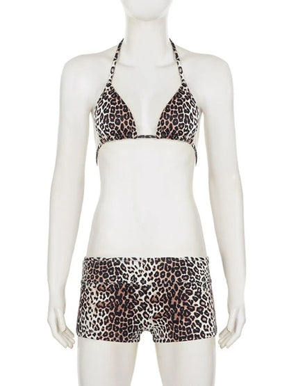 Women Leopard Print Bikini Set Sexy Wild Summer Beach Tie-up Triangle Bikini Top and Low Rise Boyshorts 3 Pieces Set
