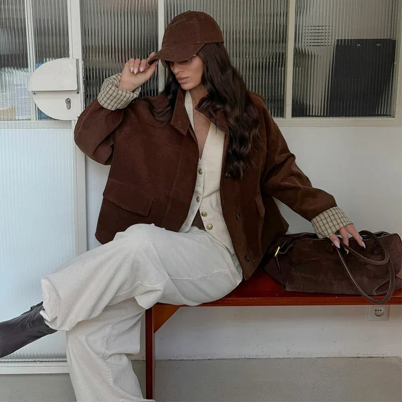 Autumn Chic Plaids Linen Solid Corduroy Coats Elegant Female Stand Collar Zipper Long Sleeves Jacket Fashion Lady Street Outwear