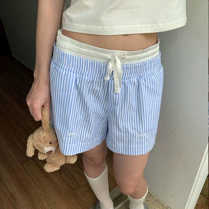 Summer Retro Splicing Vertical Striped Shorts Women's Loose Wide-leg Casual High Street Personality Pants Male Clothes