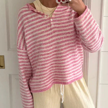Womens Knitted Sweater Tops Fall Long Sleeve Crew Neck Striped Button Loose Pullover Jumpers Preappy Casual Knitwear