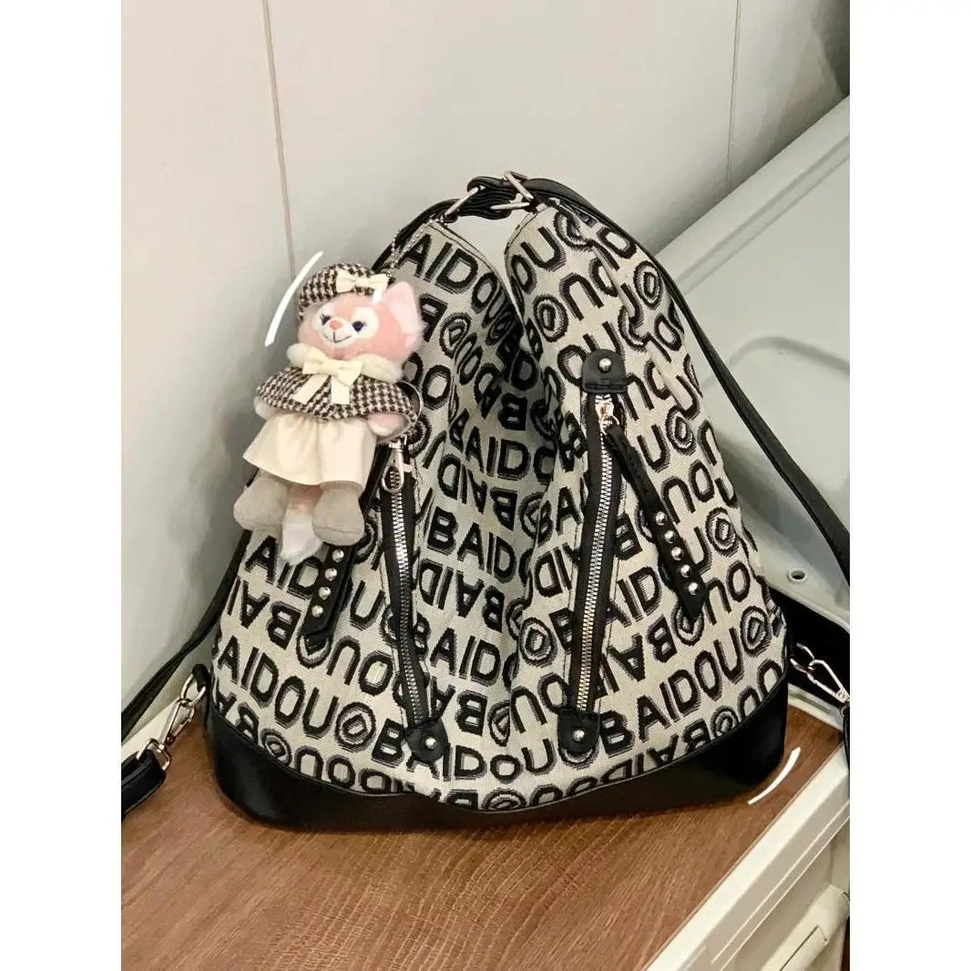 Letter Drawstring Bucket Fashionable Casual Multifunctional Tote Bag Woman Large Capacity Commuter Handbag Ladies Shoulder Bag