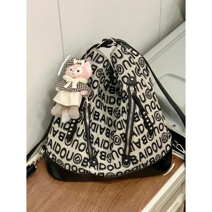 Letter Drawstring Bucket Fashionable Casual Multifunctional Tote Bag Woman Large Capacity Commuter Handbag Ladies Shoulder Bag