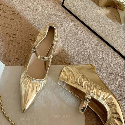 Metal Colors Zapatos Mujer 2024 Tendencia Pleated Shoes For Woman Wedges Heels Heeled Soft Leather Sandals Tacones Metal Buckle