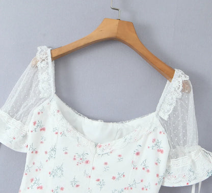 Pastoral Floral Tie-up Polka Dot Mesh Lace Dress 2025 Summer Square Neck Short Sleeve Women Dresses Casual Beach Holiday Dress