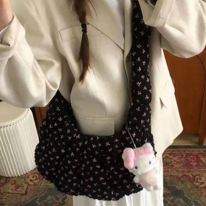 Korean Style Balletcore Bow Shoulder Bag Women Pleated Large Capacity Cloud Bag Ladies Sweet Cute Crossbody Bag New