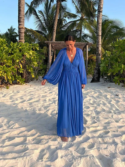 Elegant Pleated Long Dress Women Loose V Neck Long Sleeves High Waist Vestidos Female 2025 Summer Holiday Solid Evening Dresses