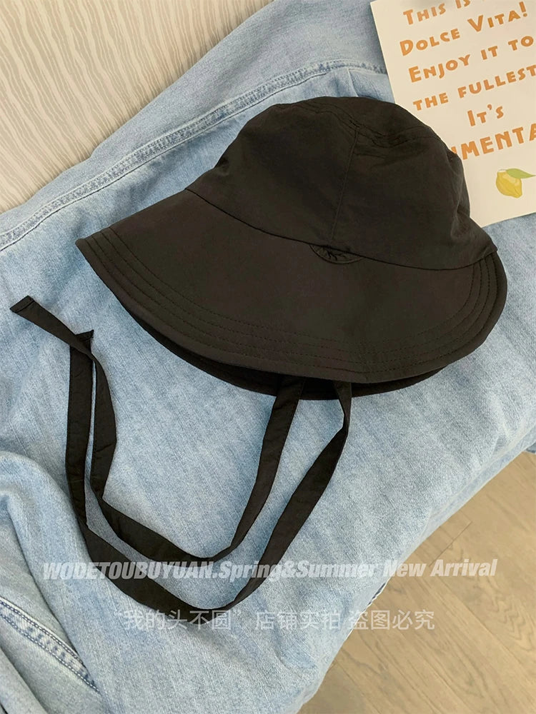 Korean Retro Red Strap Bucket Hats Summer Travel Versatile Sunscreen Show Face Small Sweet Beautiful Women's Caps