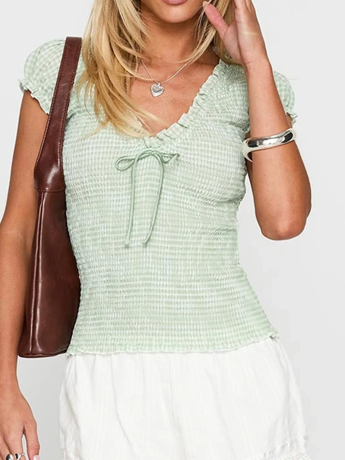 Women s Casual Summer Short Sleeve V-Neck Plaid Print Tie Front Bow T-Shirt with Fit and Streetwear Vibes