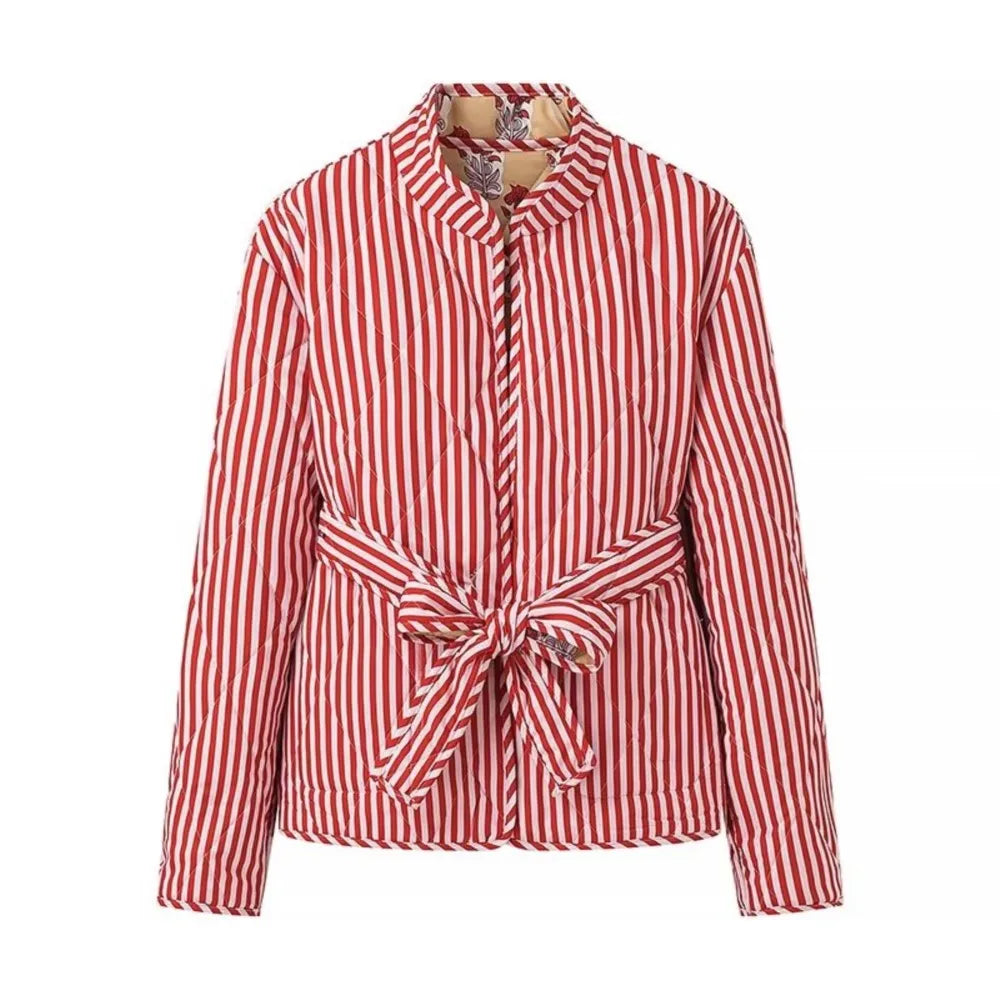 Autumn Winter Totem Flower Striped Print Tie Bow Sashes Quilted Reversible Coat Women Quilting Full Sleeve Loose Jacket