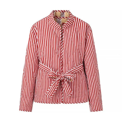 Autumn Winter Totem Flower Striped Print Tie Bow Sashes Quilted Reversible Coat Women Quilting Full Sleeve Loose Jacket