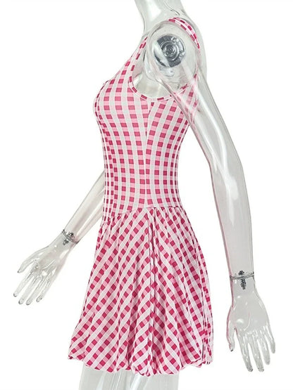 Cute Pink Checkered Mini Dress Square Neck Sleeveless Slim Waist Ruched Bubble Hem A-Line Summer Short Dress for Women
