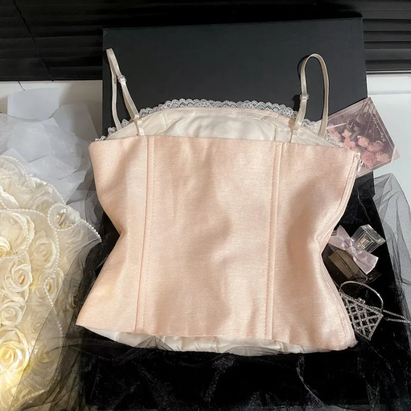 Spicy Girl Pink Tank Top for Women Summer Chest Pads Lace Treim Suspender Camisole Unique Lace-up Y2k Tops Camison Verano