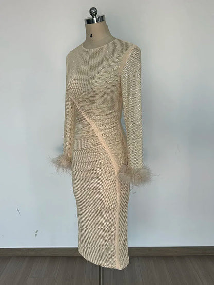Crew Neck Crystal Embellished Ruched Feather Cuff Midi Dress