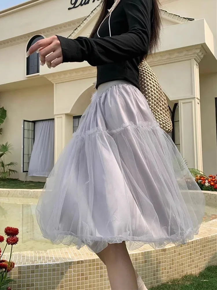 Elegant Solid A-line Splice Mesh Skirts for Women 2025 Fashion Korean Fashion Elastic Waist Black Tulle Saia Feminina