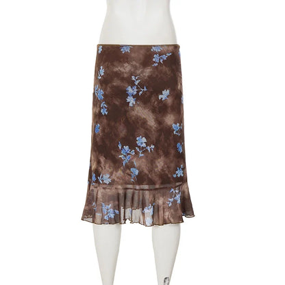 Women Vintage Brown Floral Print Midi Skirt High Waist Ruched Front Ruffle Hem Mermaid Skirt Elegant Slim Bodycon Mesh Mid Skirt