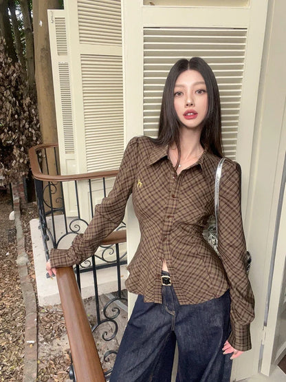 Vintage Plaid Shirt Women Brown Embroidered Waistband Tied Blouse Puff Sleeve Tops Spring Slim Button Up Clothes Chic