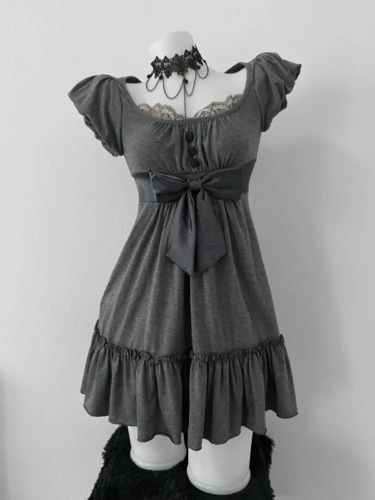 Gray Retro Vintage Square Neck Bow A Word Skirt Vintage Dress Short Skirt
