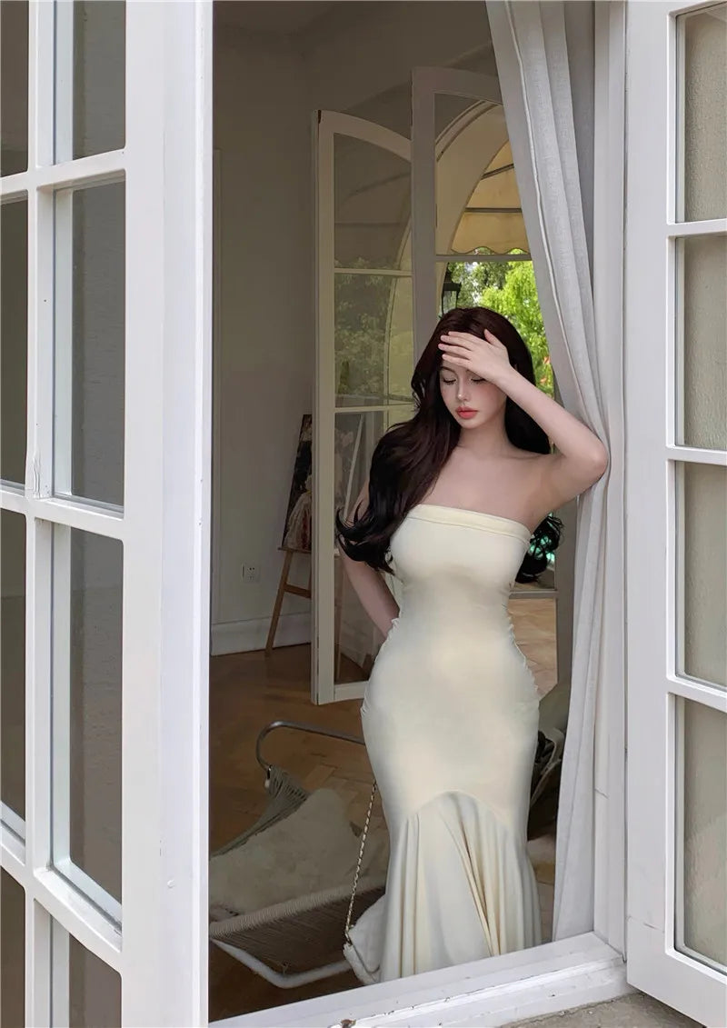 Summer Aesthetic Midi Dress Women Strapless Fishbone Bandage Irregular Dress Party Club Sexy Elegant Dresses Backless Solid