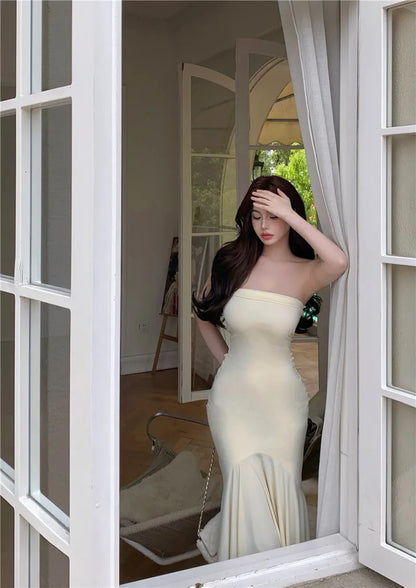 Summer Aesthetic Midi Dress Women Strapless Fishbone Bandage Irregular Dress Party Club Sexy Elegant Dresses Backless Solid