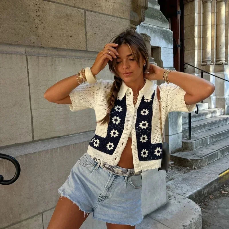 Casual Knitted Floral Cardigan Women Hollow Out Lapel Single Breasted Short Sleeve Sweaters 2024 Autumn New Lady Tops