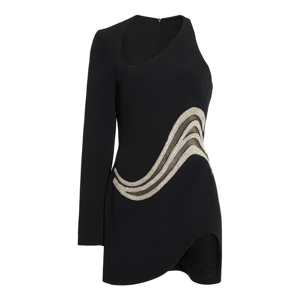 One Shoulder Rhinestone Mesh Mini Dress