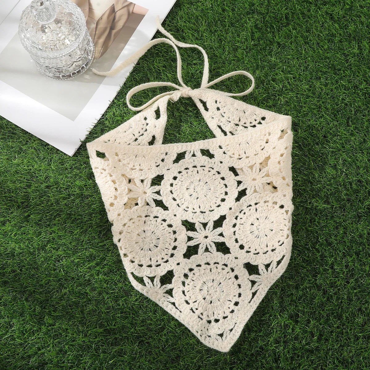 Spring Summer Knitted Triangle Headband Handmade Crochet French Pastoral Flower Headband Towel Little Flower Headscarf