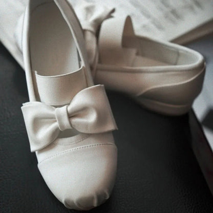 Women's Bow Mary Jane Shoes Square Satin Low Heel Flat Shoes Elegant Strap Ladies Pumps for Wedding Office Daily Wear Shoes