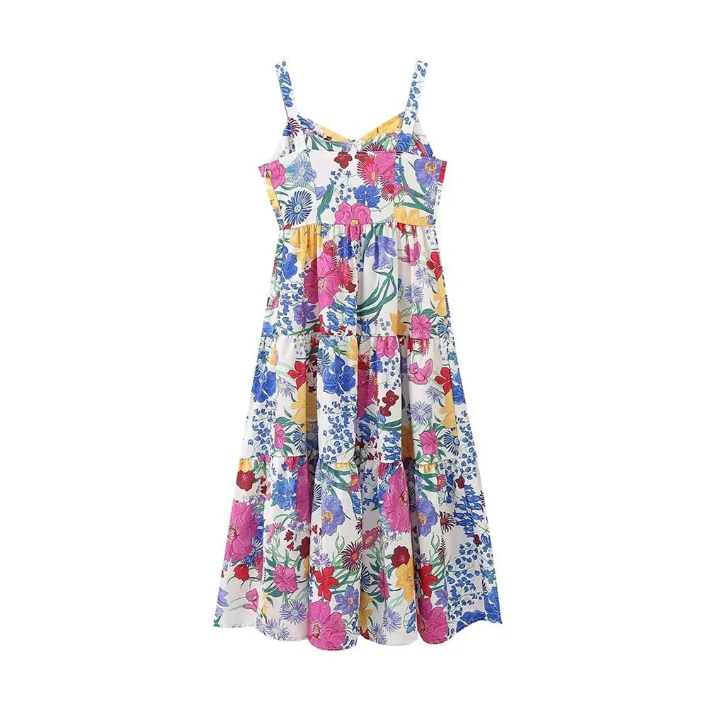 Women's Summer New Fashion Simple Four sided Spring Flower Print Waistless Sleeveless Hanging Strap Dress