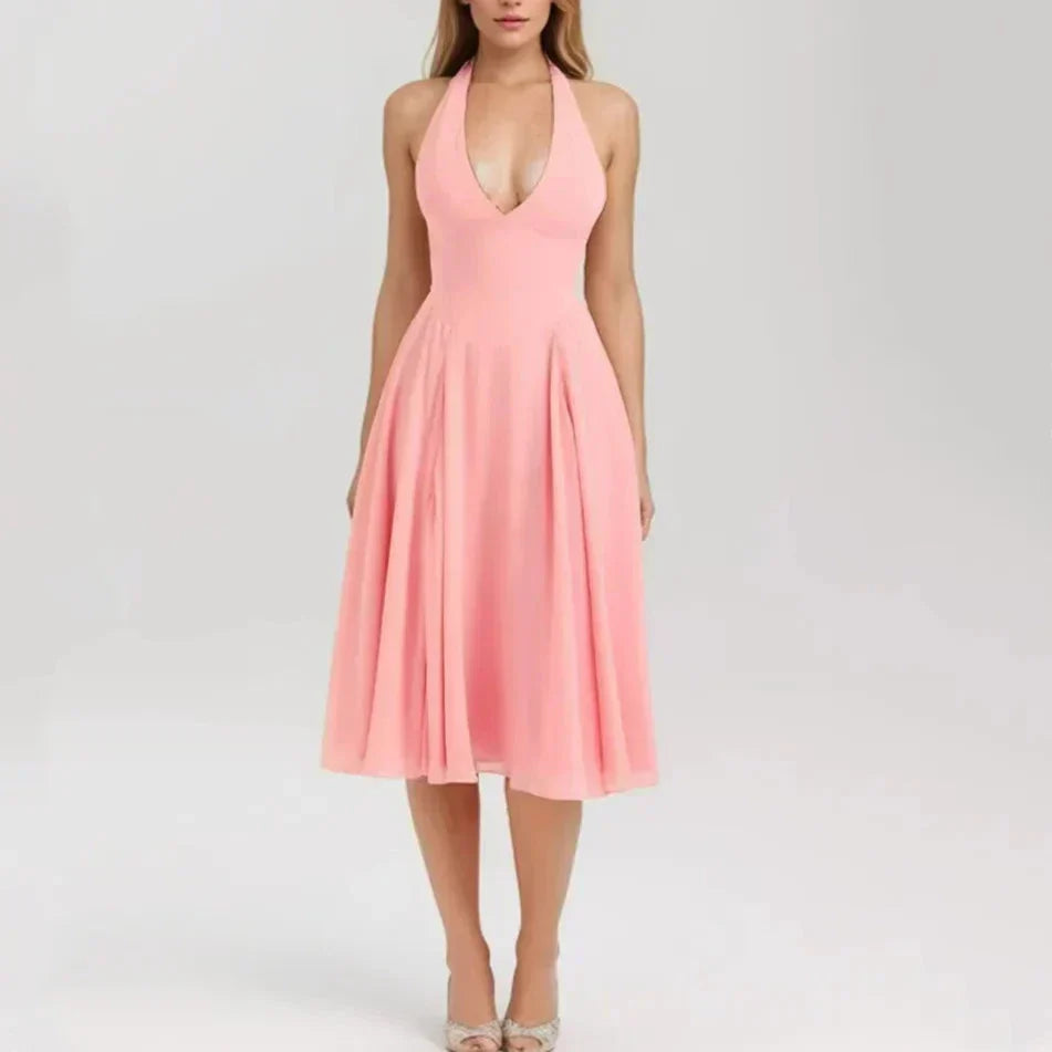 Halter Deep V Pleated Fit and Flare Midi Dress