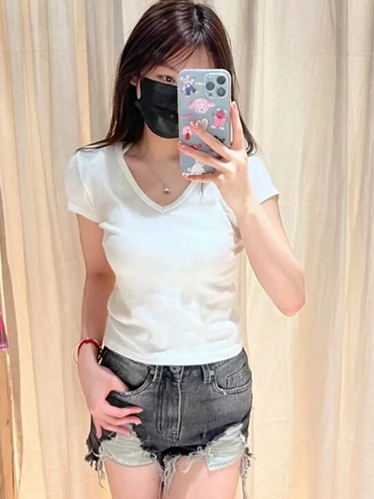 White Cotton Slim T-Shirt Women Summer Short Sleeve V-neck T-shirts Female Casual Simple Basic Tee Shirt Y2k Pullover Tops
