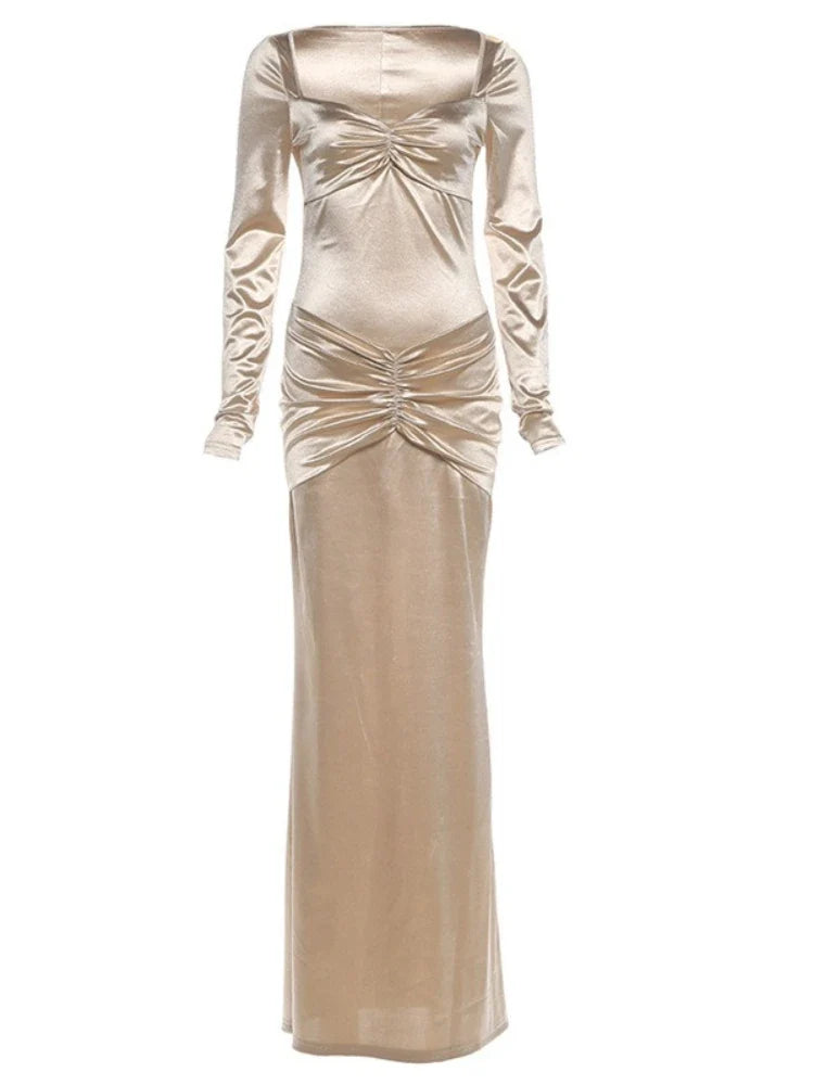 Women's Elegant Champagne Square Neck Long Sleeve Maxi Dress New Stylish Ruched Slim Bodycon Dress for Eveing Party Gown
