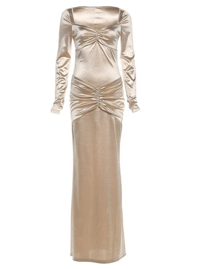 Women's Elegant Champagne Square Neck Long Sleeve Maxi Dress New Stylish Ruched Slim Bodycon Dress for Eveing Party Gown