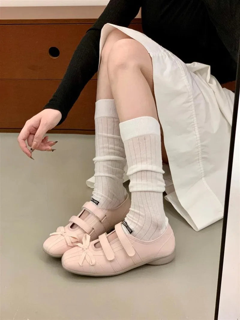 Sweet Pink Bow Ballet Flats Women Fashion Double Narrow Band Design Brand Mary Jane Shoes Comfort Round Toe Shallow Casual Shoes