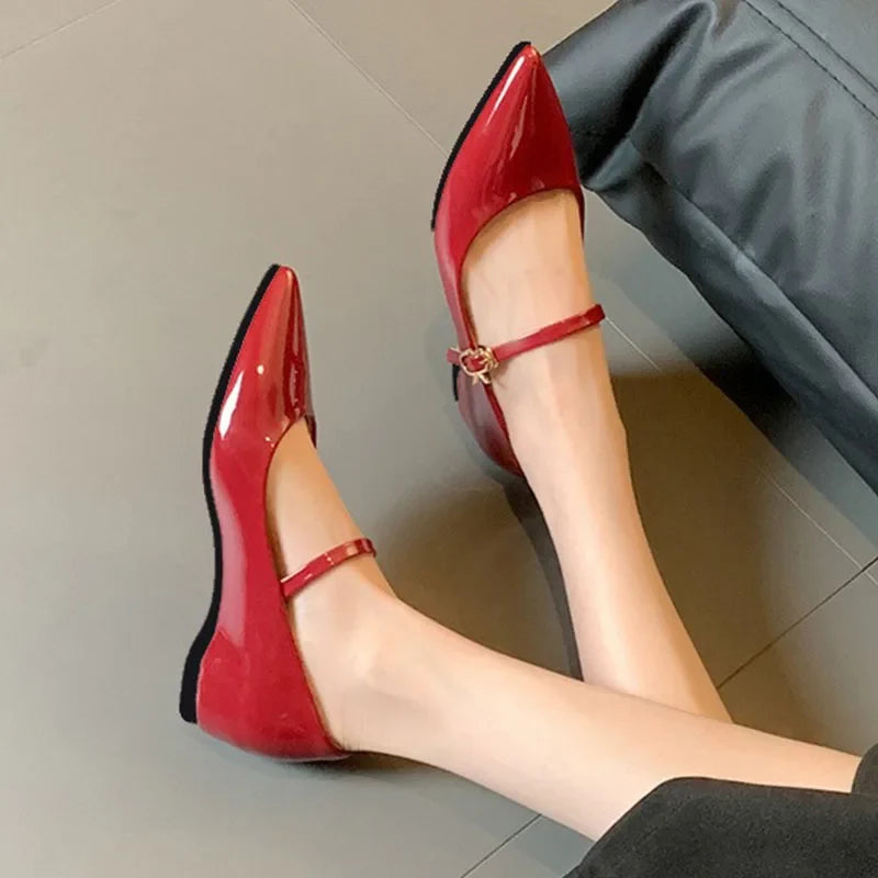 Women 5cm Heels Wedges Mary Jane Thin Shoes Sexy Buckle Strap Pointed-toe Pumps Solid Color Patent Leather Heels Lady Work Shoes