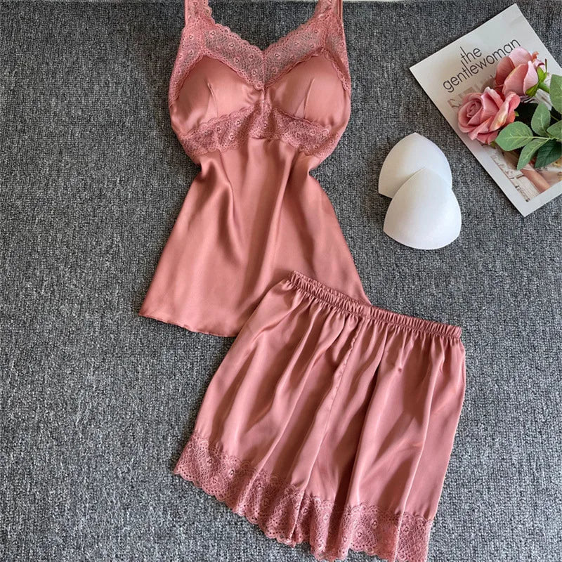 4PCS Women Pink Satin Pajamas Set Lace Sleep Suit Pijama Home Nightie Sexy V-Neck Sleepwear