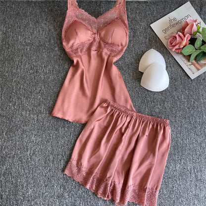 4PCS Women Pink Satin Pajamas Set Lace Sleep Suit Pijama Home Nightie Sexy V-Neck Sleepwear