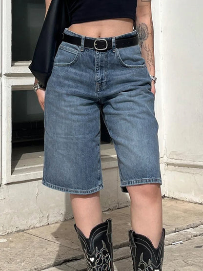 Blue Baggy knee-length Jeans Streetwear y2k High Waist Loose Mid-length Jeans for Women Summer Casual Basic Denim Pants