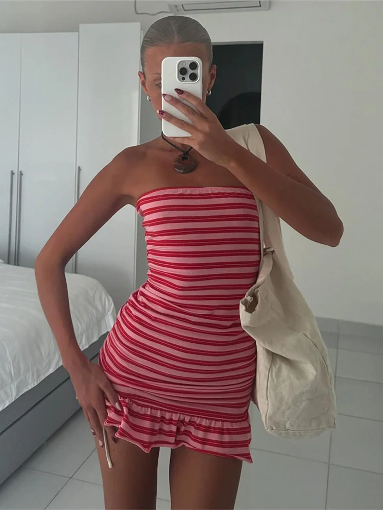 Stripe Contrasting Strapless Short Dress Women's Summer Clothing Beachwear Patchwork Ruffles One-piece Skirt Y2K Outfit