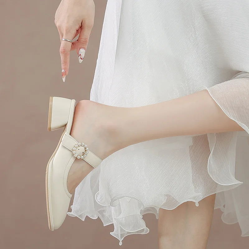 Square heel Female Shoes Ladies' Slippers Cover Toe String Bead Med Luxury Slides Block 2025 Summer Soft Designer Sewing Hoof He