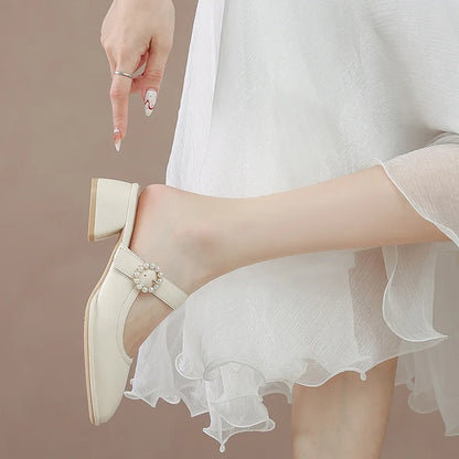 Square heel Female Shoes Ladies' Slippers Cover Toe String Bead Med Luxury Slides Block 2025 Summer Soft Designer Sewing Hoof He