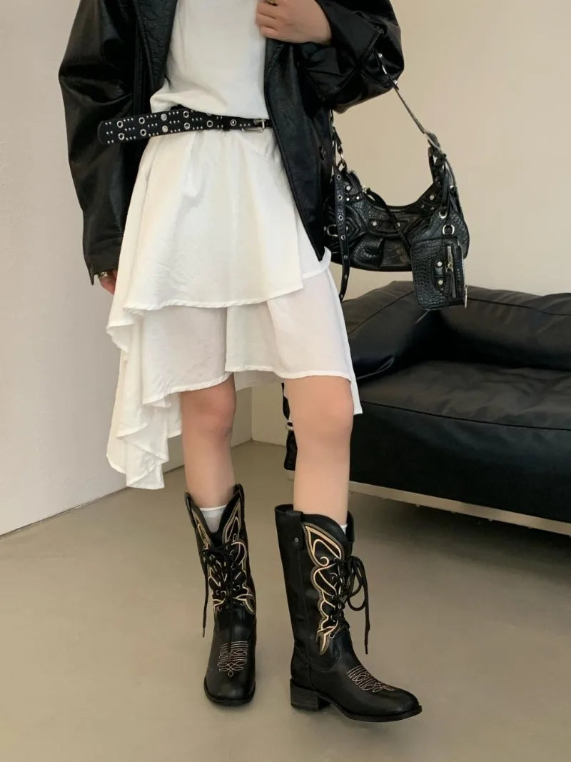 Retro Butterfly Embroidery Wedges Ankle Boots Women Fashion Rivet Sewing Lace Up Mid Calf Boots Luxury Cozy Brand Designer Boots
