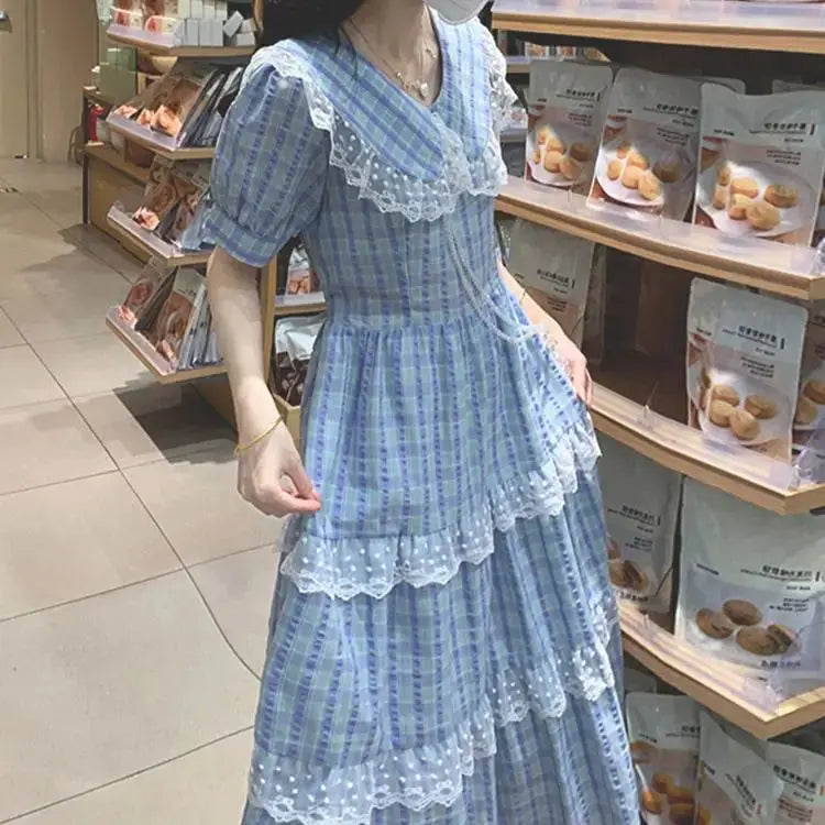 Dress Plaid Doll Collar Waist Sweet Knee-Length 2024 New Women'S Summer French First Love Gentle Style Long Skirt