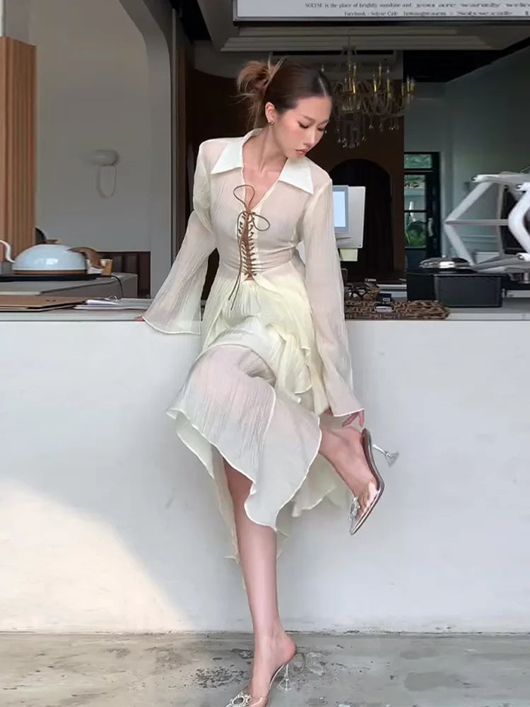 Lace Up V-Neck Shirt Ruffle Skirt Women Set Strings Lapel Sexy Waist Cinched Slimming Blouse Top Irregular Long Skirts Suit New
