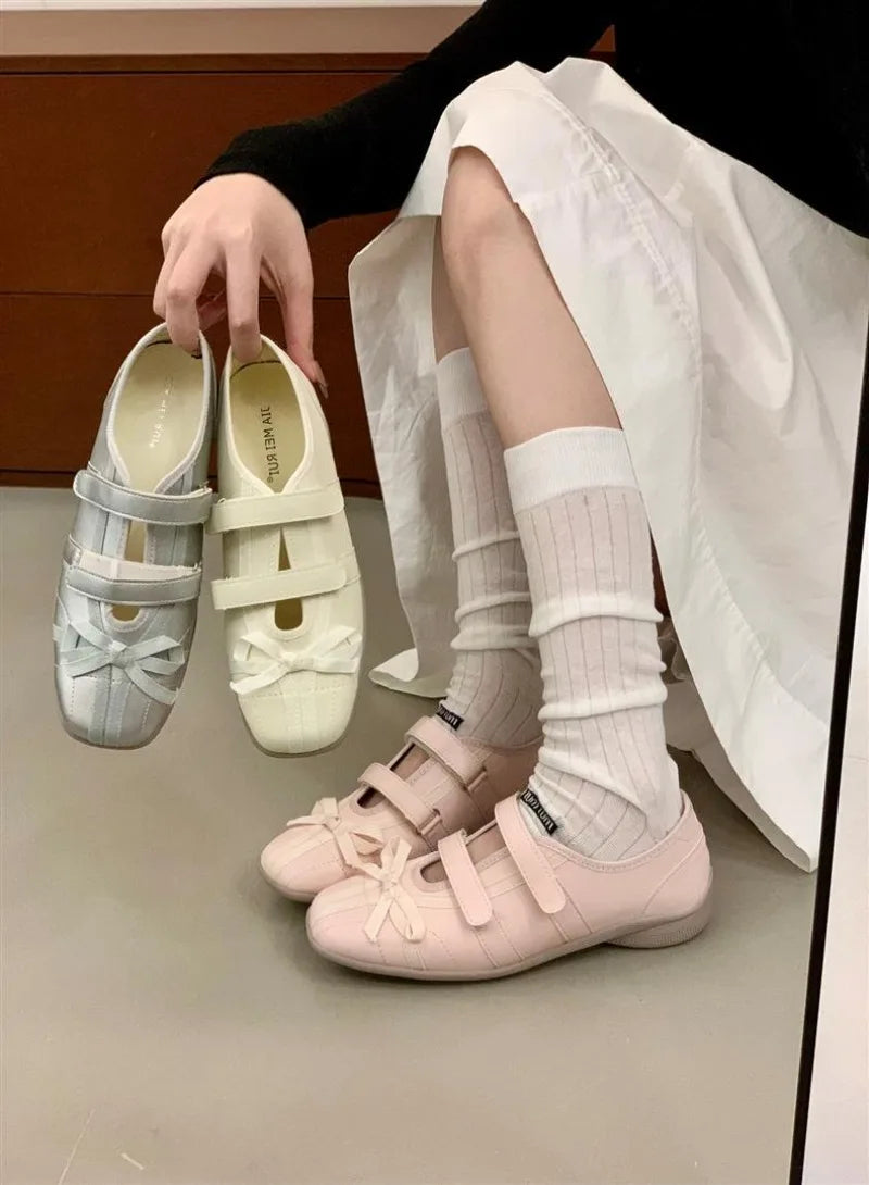 Sweet Pink Bow Ballet Flats Women Fashion Double Narrow Band Design Brand Mary Jane Shoes Comfort Round Toe Shallow Casual Shoes