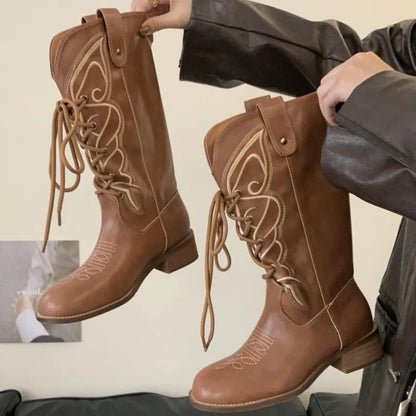 Retro Butterfly Embroidery Wedges Ankle Boots Women Fashion Rivet Sewing Lace Up Mid Calf Boots Luxury Cozy Brand Designer Boots
