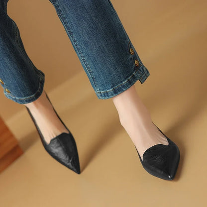 NEW Spring/Autumn Women Pumps Split Leather Shoes for Women Pointed Toe Chunky Heel Shoes Concise Black Slip-on Handmade Shoes