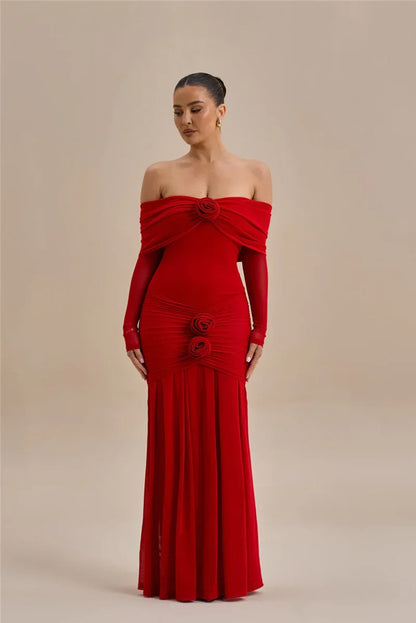 Off Shoulder Mesh Sleeve Ruched Rosette Applique Mermaid Maxi Dress
